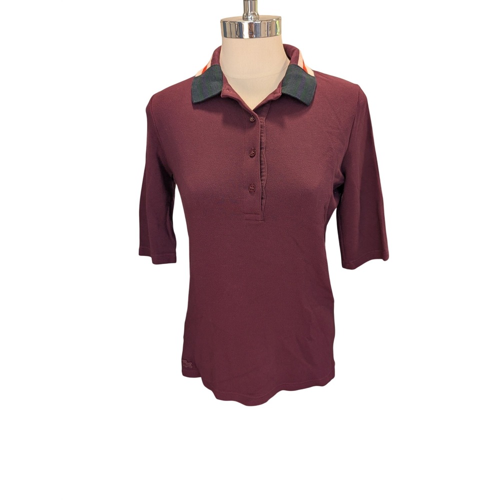 Lacoste Womens Plum Purple Pique Polo Shirt Plaid Contrast Collar EU 40